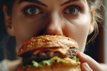 A close up of a person eating a hamburger. Ideal for food and lifestyle concepts