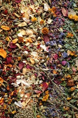 A mixture of dried flowers and herbs displayed on a table. Ideal for home decor or herbal medicine concepts