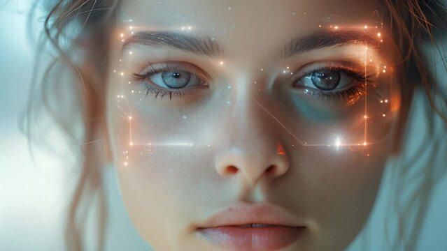 Face detection technology. Scanning facial recognition. Smart Phone Technology Using Facial Recognition Biometrics Iris. Person Use Face Id on Device. Young Beautiful Woman and Hi-tech 3d Detection 4k