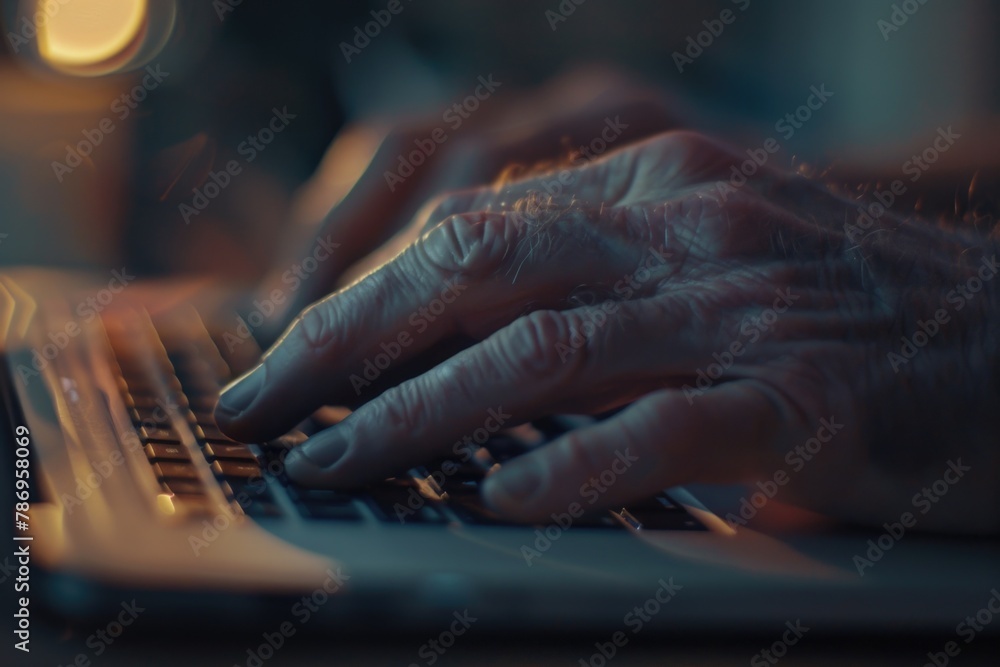 Aufkleber close-up of a person typing on a laptop. suitable for technology and work concepts