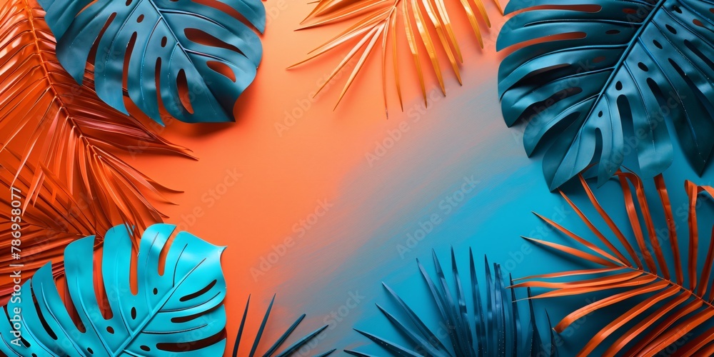 Wall mural vibrant tropical background with painted exotic palm leaves. minimal summer fashion theme. lay-flat.