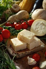 Fresh vegetables and cheese on a wooden cutting board. Perfect for food blogs or recipes
