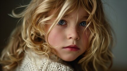 Naklejka premium Close up portrait of a child with blonde hair. Perfect for family and parenting related projects