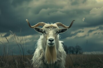 A goat with long horns standing in a field. Suitable for agricultural or animal-related projects - Powered by Adobe