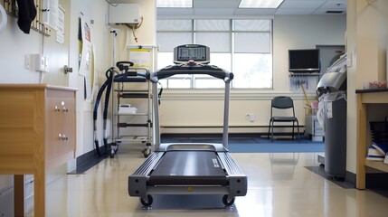 A treadmill surrounded by mobility support tools is prominently positioned in a physical therapy clinic designed for rehabilitation and recovery