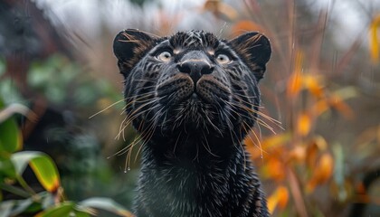 A black panther, a carnivorous felidae with whiskers, looks up at the camera