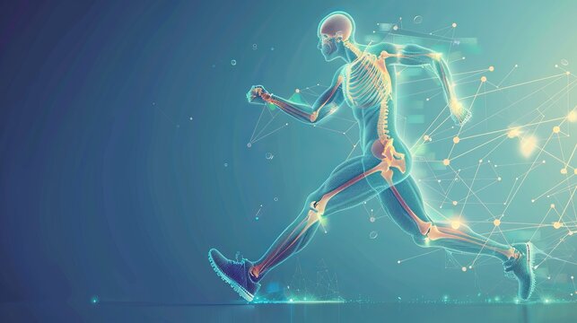 Illustration of a runner with an orthopedic x-ray interface, representing bone and joint medical treatments