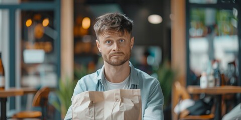 A young man with a surprised expression holding a paper bag inside a café setting. - obrazy, fototapety, plakaty