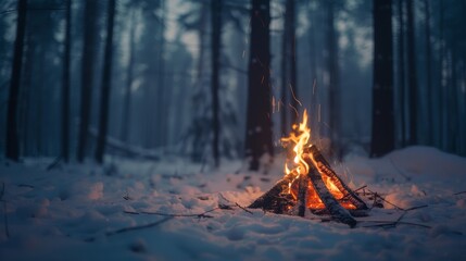 A cozy campfire burning brightly in the midst of a snow-covered forest during twilight.