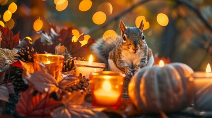 An adorable squirrel surrounded by autumn leaves, pine cones, and glowing candles.