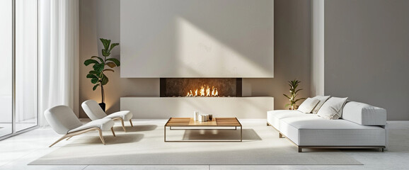 A minimalist living room with a neutral color palette and clean lines, centered around a contemporary fireplace.