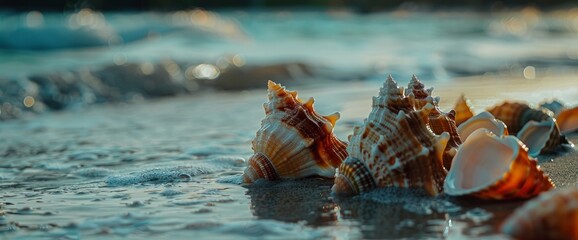 Careful examination of seashells washed ashore, each one a potential treasure, professional photography and light , Summer Background - obrazy, fototapety, plakaty