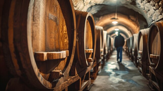A youth traveler strolls through antiquated rustic wine casks in a chilled and dim underground chamber in France.