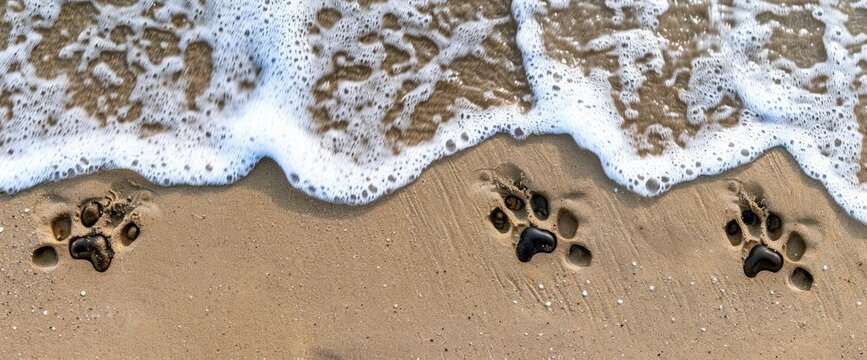 Carefree paw prints leading towards the water's edge, professional photography and light , Summer Background