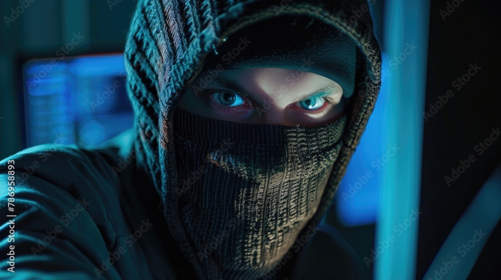 Poster computer hacker sporting a balaclava