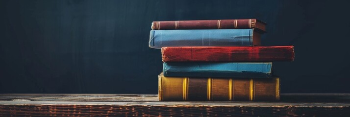 A stack of colorful vintage books on a rustic wooden table, evoking a sense of wisdom and nostalgia. - obrazy, fototapety, plakaty