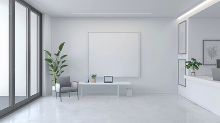 A minimalist office oasis features clean lines and bold accents, with an empty white frame on the wall beckoning for the touch of an artist's hand.