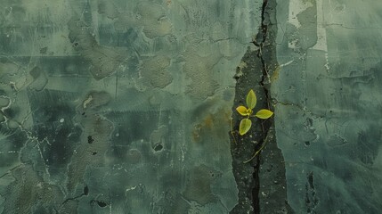 A sprouting plant emerges through a crack in a textured concrete surface.