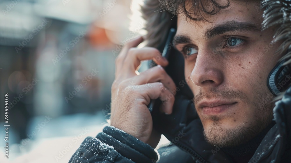 Poster a man in a parka talking on a cell phone. suitable for technology concepts