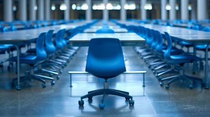 Rows of vacant blue chairs and tables in a large, quiet library hall, signifying study and education.