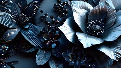 3D illustration of abstract floral background with blue flowers and leaves.