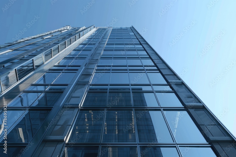 Poster modern glass building with unique clock design. perfect for business concepts