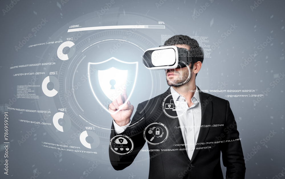 Poster caucasian project manager wearing vr glasses while look at hologram of security system. smart busine