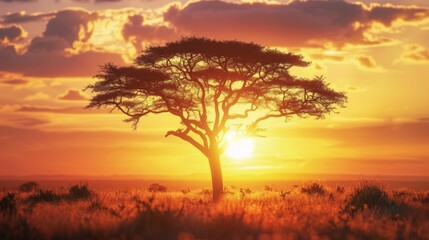 Fototapeta na wymiar The warm glow of sunset silhouetting an acacia tree in the African savannah.