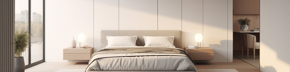 A serene bedroom with muted tones and minimalist decor, offering plenty of copy space for restful nights.