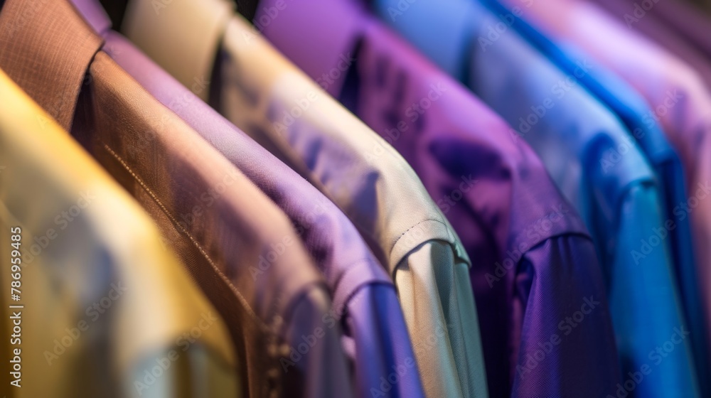 Poster assorted colorful fabric rolls displayed on shelf in soft focus.
