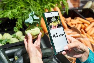 Checking calories on kohlrabi cabbage vegetable with smartphone