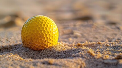 A yellow golf ball resting in the sand, perfect for sports or leisure designs