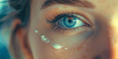 Close-up of a person's eye with a single tear drop falling, emotional moment. - obrazy, fototapety, plakaty