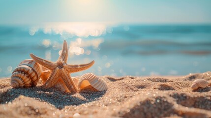 Fototapeta na wymiar A starfish and seashells lie on the sand with sparkling ocean waters in the background.