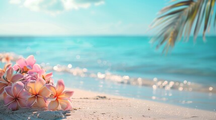 Fototapeta na wymiar Vibrant tropical frangipani flowers lying on a sandy shore with clear sea background.