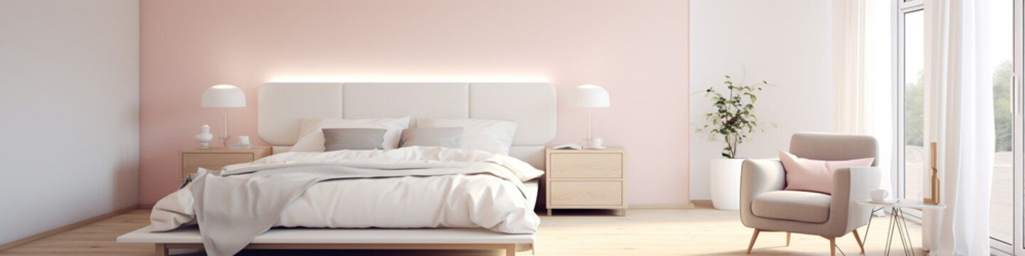 A serene bedroom with soft, pastel hues and minimalist furnishings, offering plenty of copy space for restful nights.