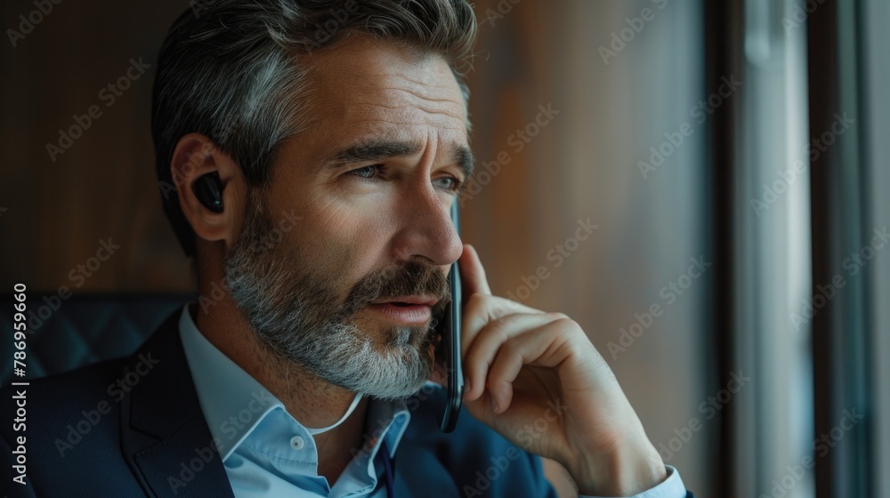 Poster a man in a suit having a conversation on his cell phone. suitable for business and communication con