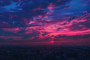 Fototapeta premium A stunning view of the sun setting over the city skyline, perfect for urban landscapes