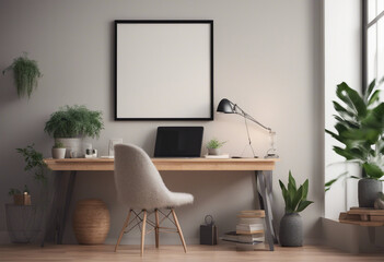 Cozy workplace interior at home with frame mockup 3d render