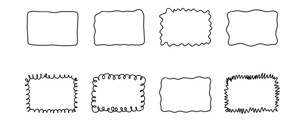Hand drawn Rectangle frame set. Doodle wavy curve deformed textured frames. Border sketch. Vector illustration isolated on a white background.