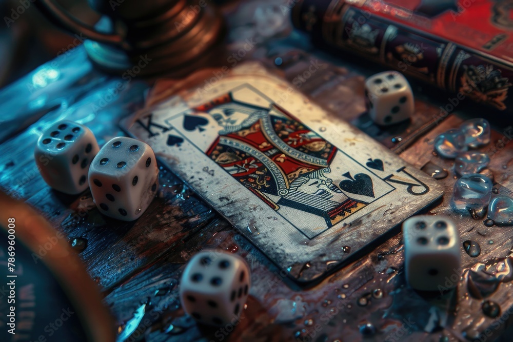 Poster a deck of playing cards and dice on a table. suitable for casino and gambling concepts