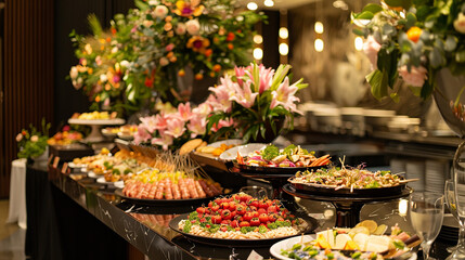 A buffet table full of food and flowers.

