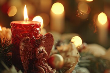 Fototapeta premium A candle with an angel figurine on top. Perfect for religious or spiritual themes