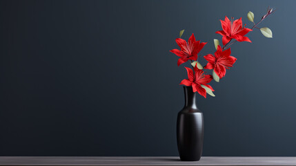 A single, vibrant flower in a sleek vase against the backdrop of a dark, elegant room with ample copy space. - obrazy, fototapety, plakaty