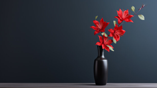 A single, vibrant flower in a sleek vase against the backdrop of a dark, elegant room with ample copy space.