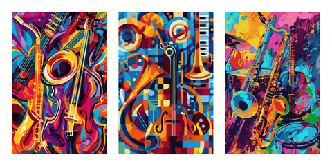 Set of abstract musical instruments backgrounds. Colorful vector design elements for poster, flyer, cards and web.
