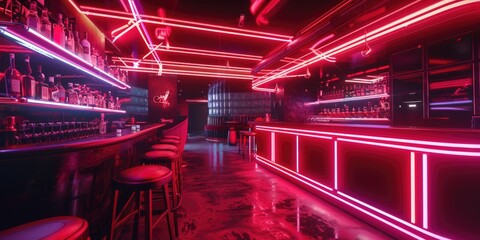 A cozy bar with neon lights and stools, ideal for nightlife concepts