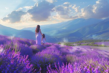 A serene scene of a woman and child walking through a lavender field. Perfect for nature or...