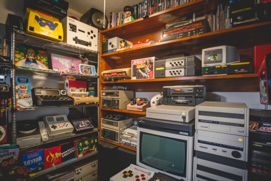 A retro gaming den with shelves lined with old cartridges, controllers, and gaming memorabilia, Generative AI