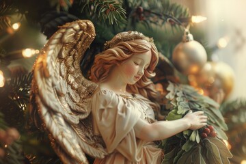 Fototapeta premium A serene angel statue holding a delicate flower, perfect for religious or memorial designs